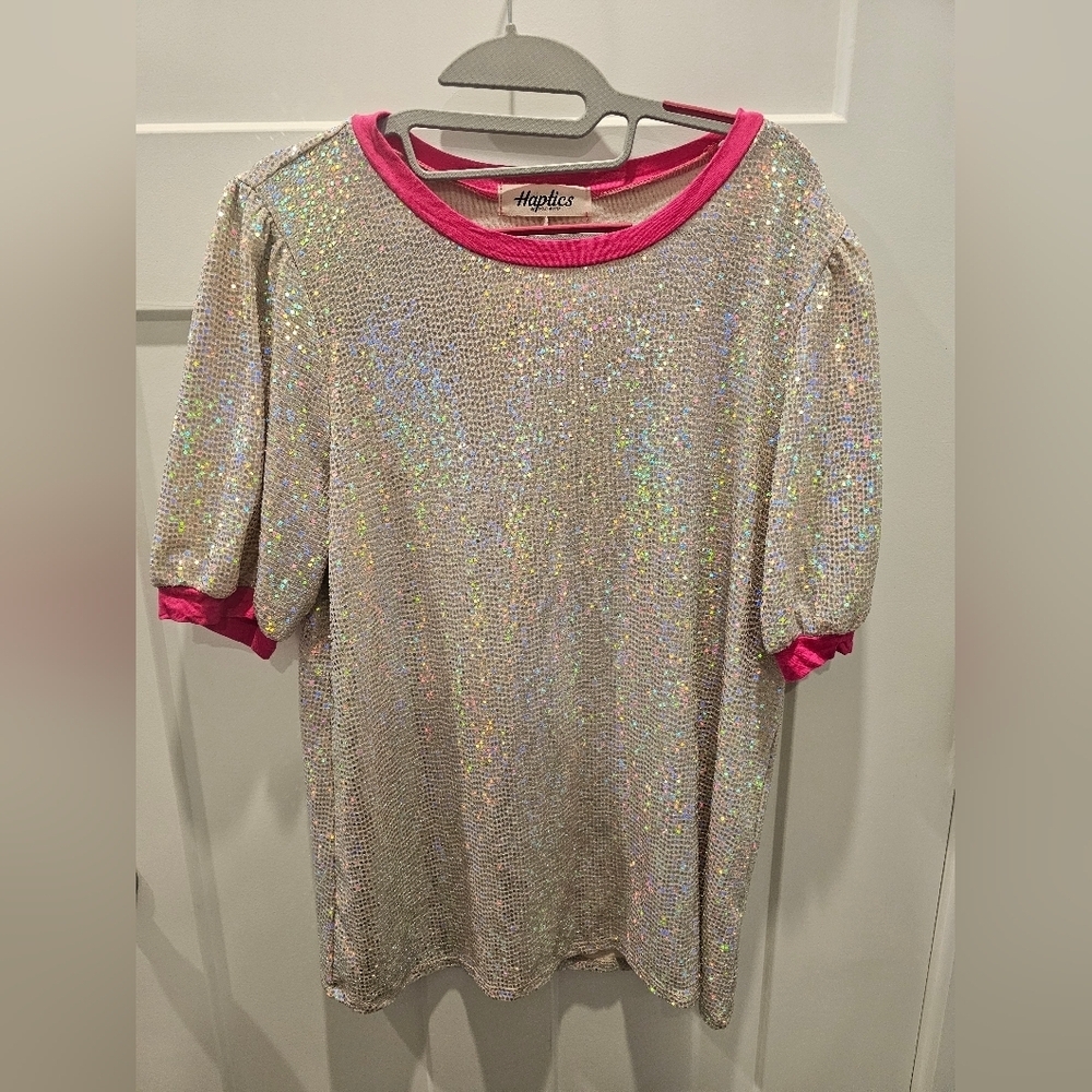 Haptics by Holly Harper Sequin Top Small Silver Holographic Pink Trim Party Tee